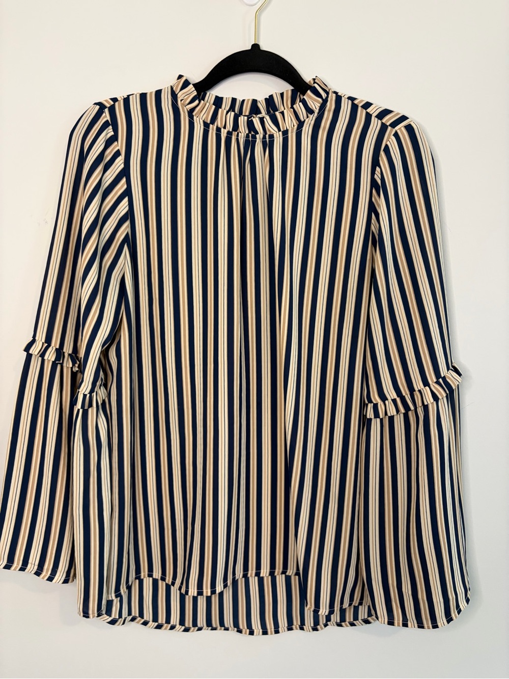 Staccato Navy, Tan and Cream Striped Ruffle-Neck Blouse with Flare Sleeves